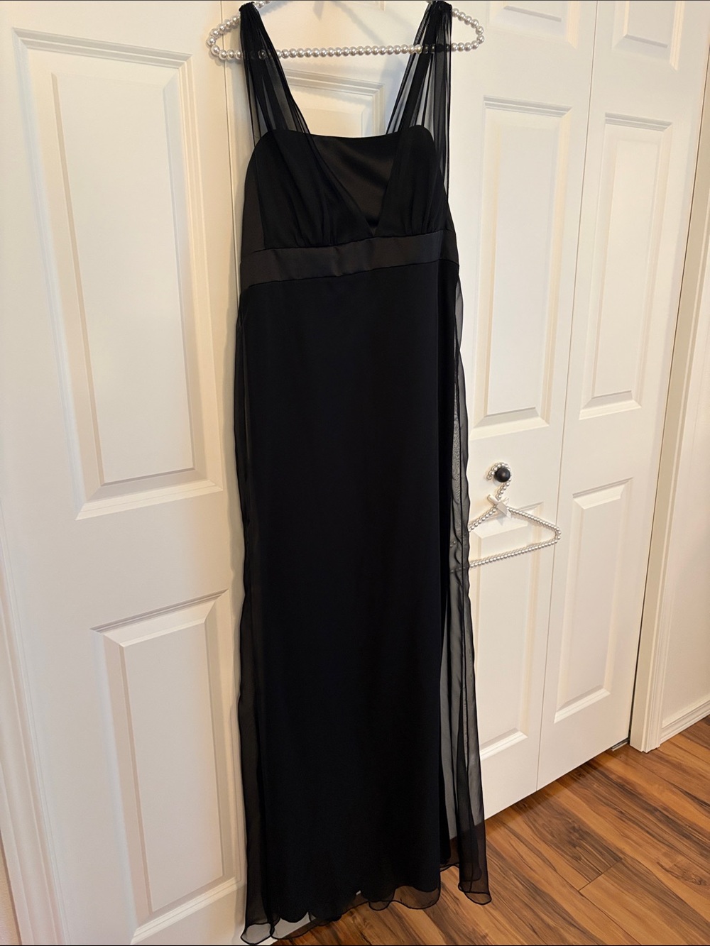 Elegant Black Satin Evening Dress with Sheer Straps